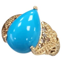 14K Gelbgold Dornröschen Türkis Birnenform & Diamant Ring
