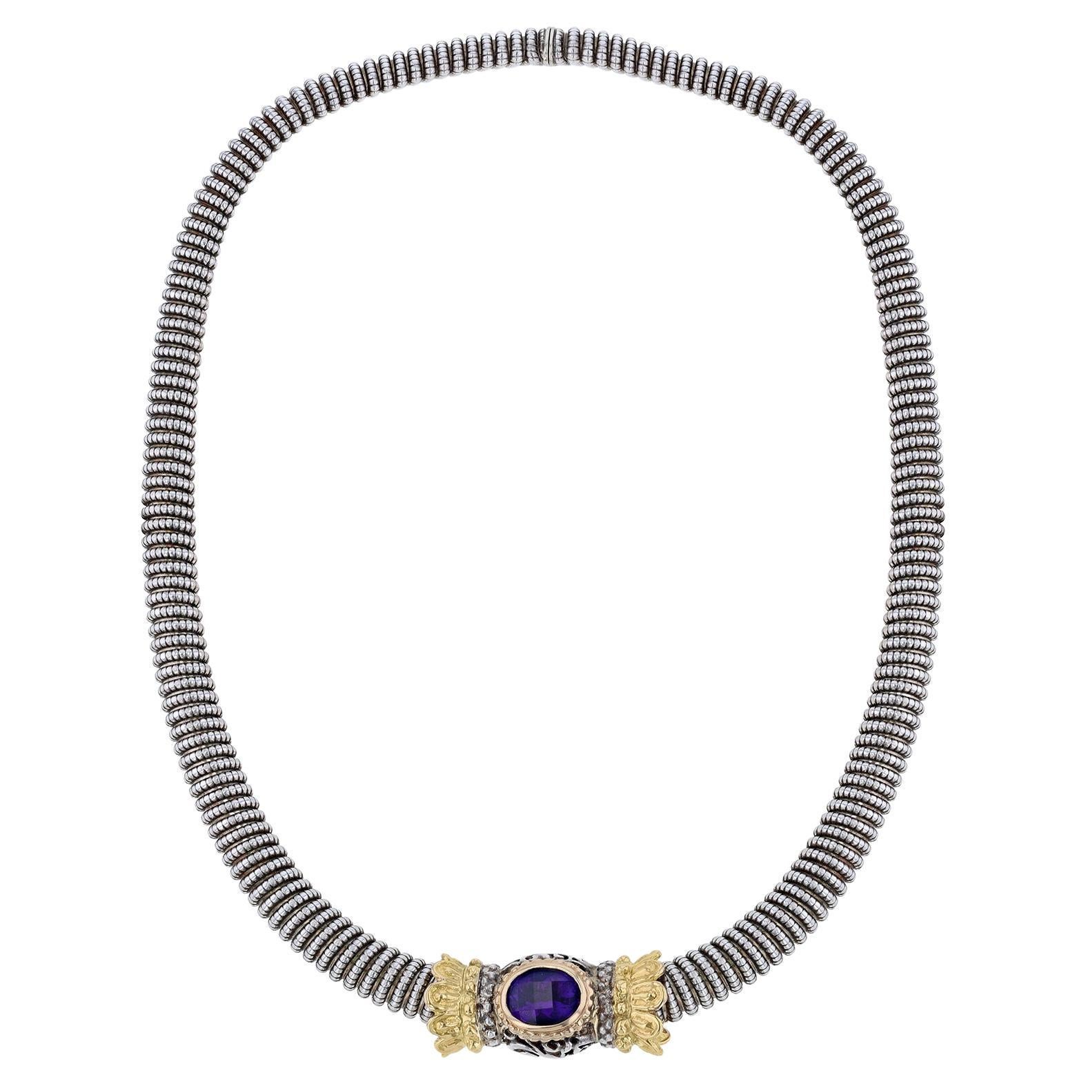 14K Yellow Gold Slide Amethyst Onyx Pendant Sterling Silver Collar Necklace