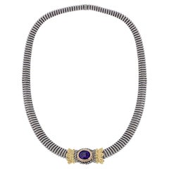 Used 14K Yellow Gold Slide Amethyst Onyx Pendant Sterling Silver Collar Necklace
