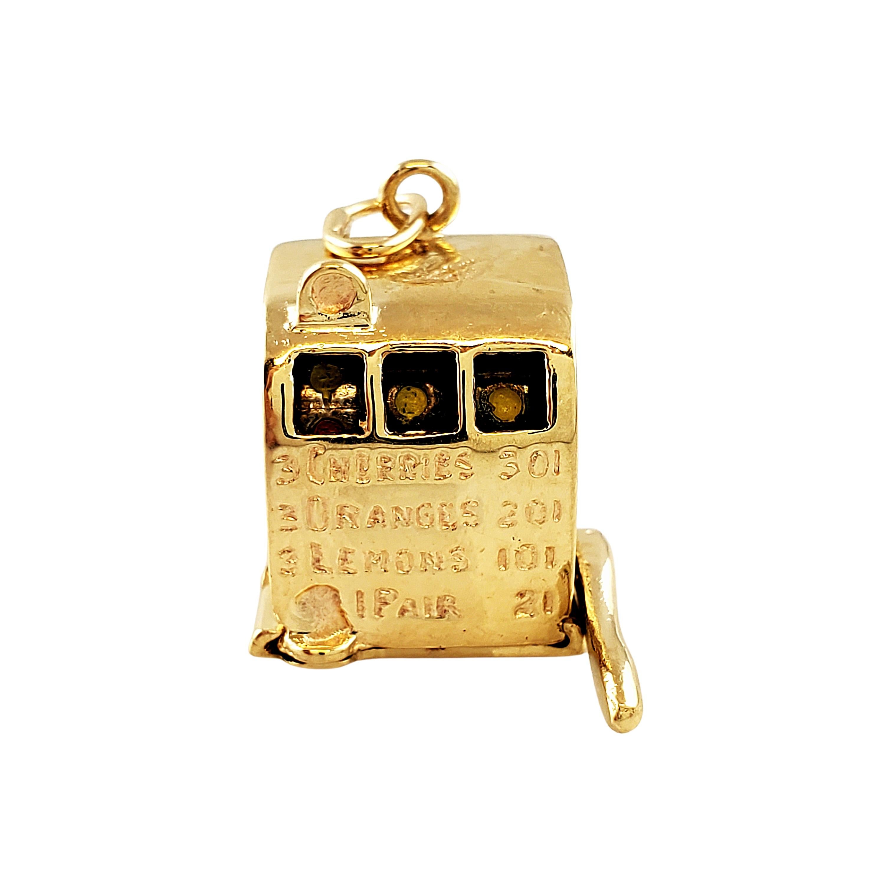 14K Yellow Gold Slot Machines Charm

Come take a gamble on this lucky slot machine charm!

Beautiful 3D 14K yellow gold slot machine charm, with mechanical lever and moving slot pictures. Pictures that feature cherries, oranges, and lemons. Enamel