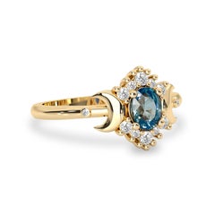 14k Yellow Gold Small Moon Oval Sapphire Diamond Halo Engagement Ring