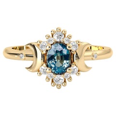 Used 14k Yellow Gold Small Moon Oval Sapphire Diamond Halo Engagement Ring