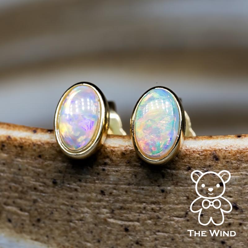 Arts and Crafts 14K Yellow Gold Small Oval Australian Solid Opal Stud Earrings For Sale