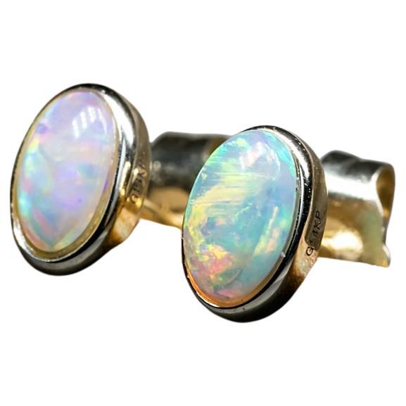 14K Yellow Gold Small Oval Australian Solid Opal Stud Earrings For Sale
