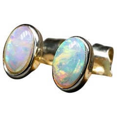 14K Yellow Gold Small Oval Australian Solid Opal Stud Earrings