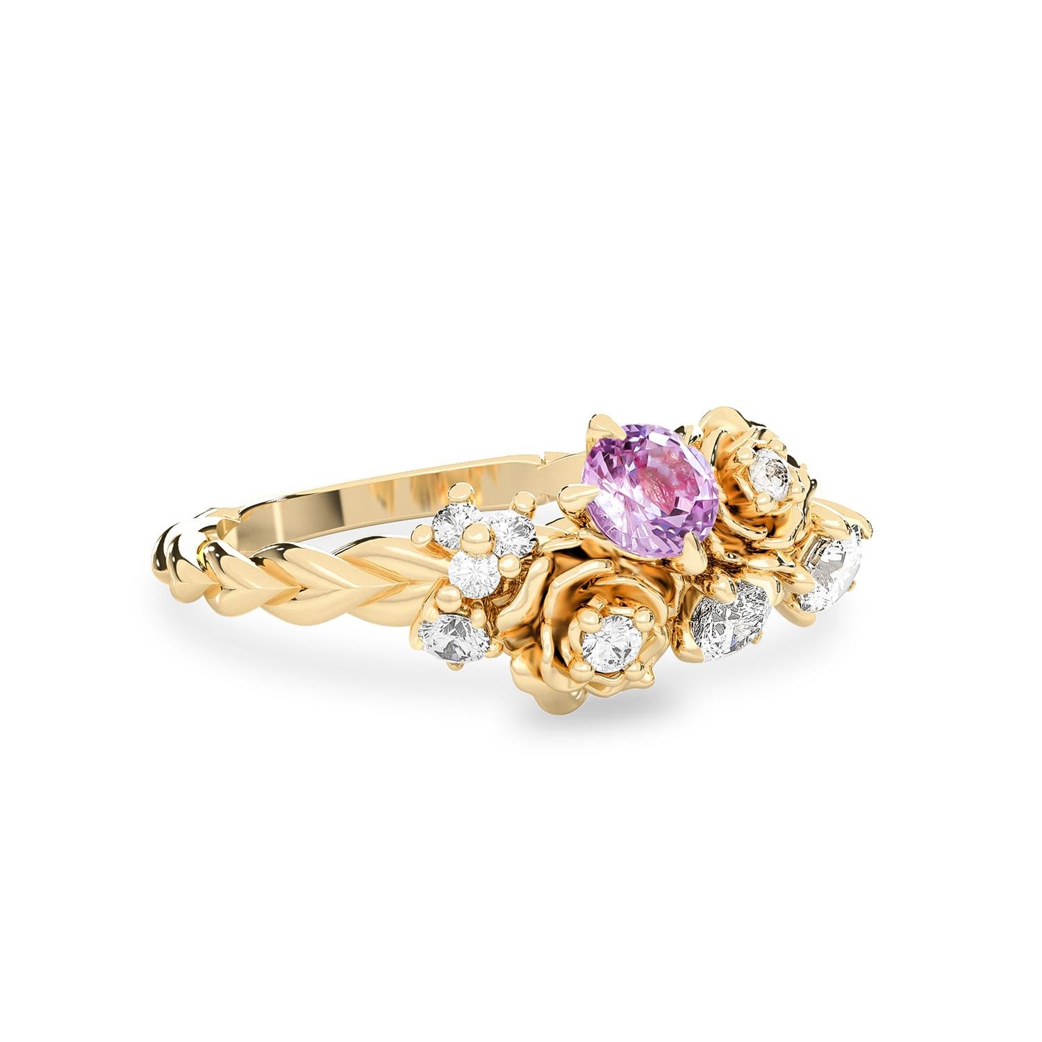 For Sale:  14k Yellow Gold Small Rose Blossom Engagement Ring, Pink Sapphire & Diamond'SI' 2