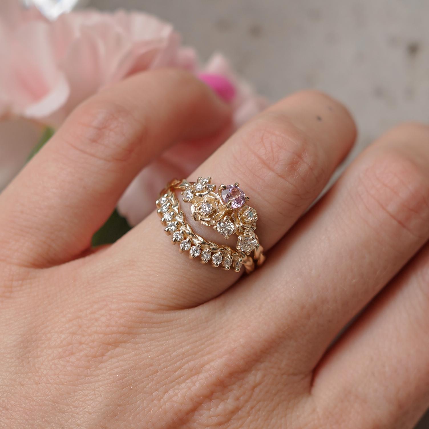 For Sale:  14k Yellow Gold Small Rose Blossom Engagement Ring, Pink Sapphire & Diamond'SI' 3