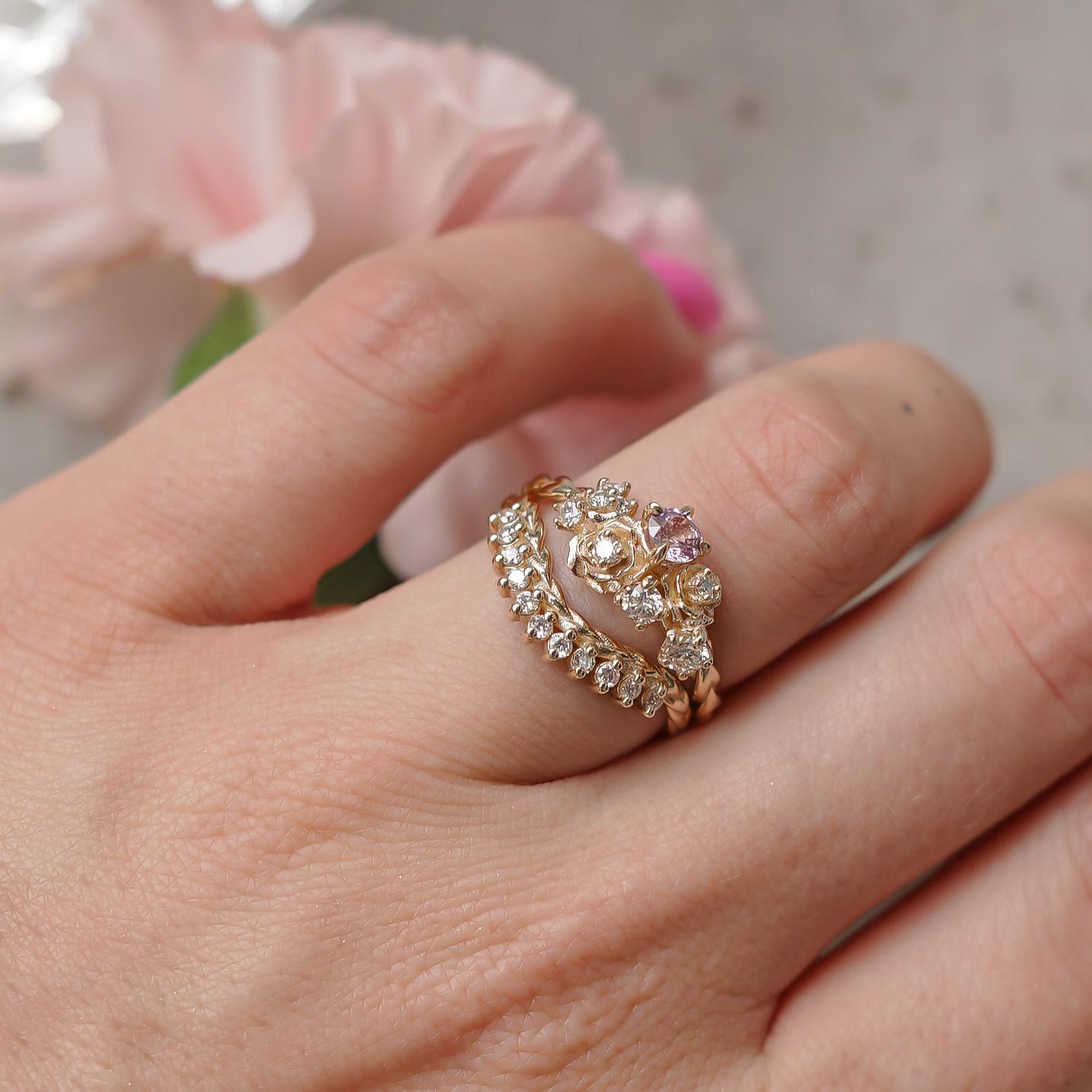 For Sale:  14k Yellow Gold Small Rose Blossom Engagement Ring, Pink Sapphire & Diamond'SI' 5