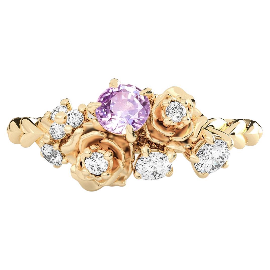 14k Yellow Gold Small Rose Blossom Engagement Ring, Pink Sapphire & Diamond'SI'