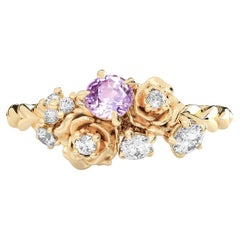 14k Gelbgold Verlobungsring mit rosa Rosenblüte, rosa Saphir & Diamant 'SI'