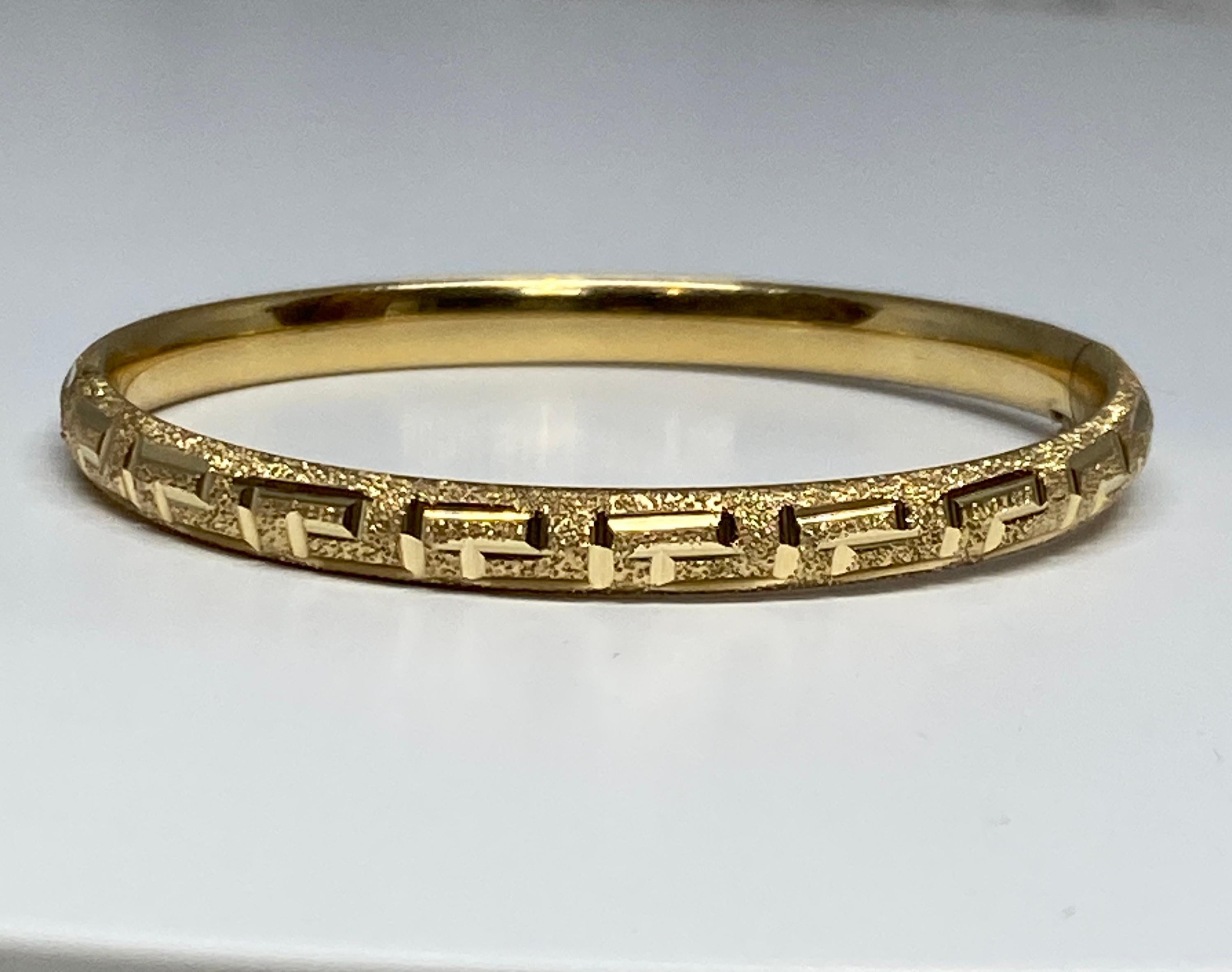 Women's 14k Yellow Gold Small Size or Childrens Greek Key Bangle Bracelet  For Sale