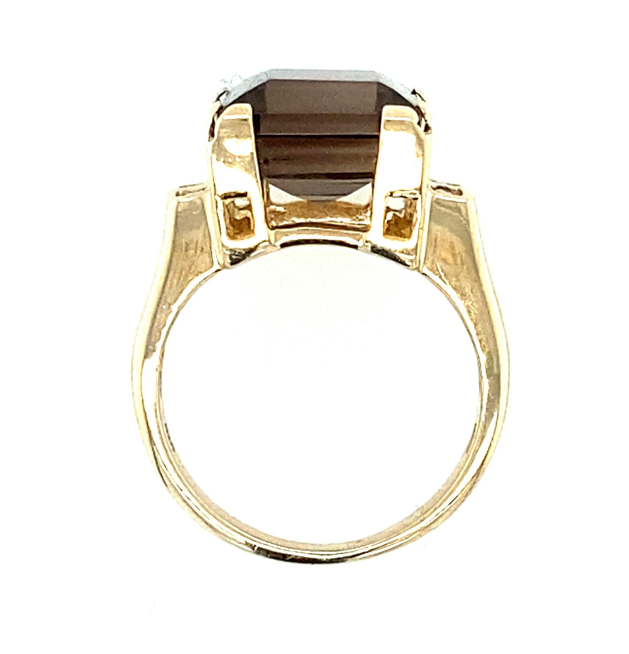 Women's or Men's 14k Yellow Gold Smokey Quartz and Diamond Ring For Sale