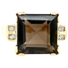 Retro 14k Yellow Gold Smokey Quartz and Diamond Ring