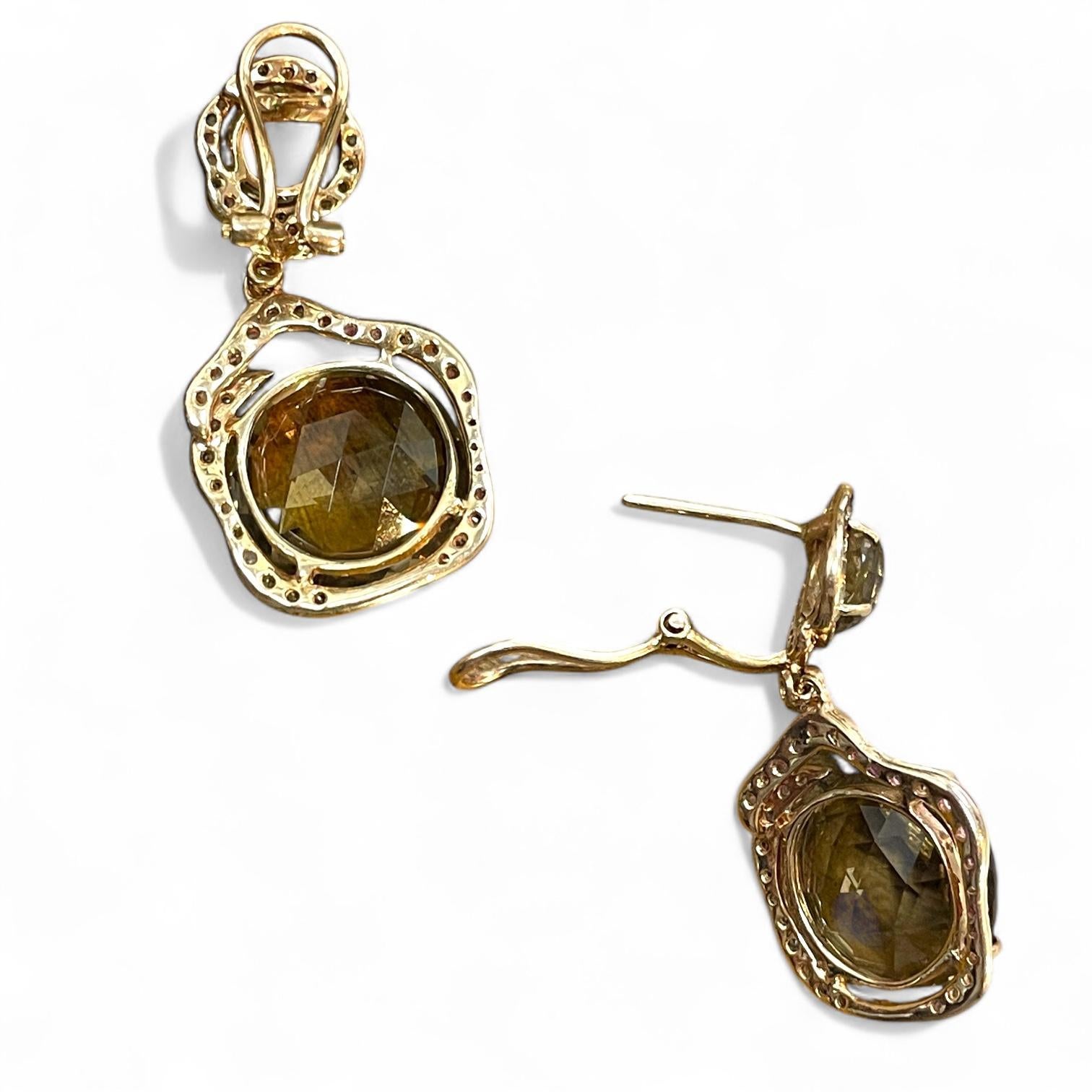Art Deco 14K Yellow Gold Smoky Quartz and Diamond Dangle Earrings For Sale