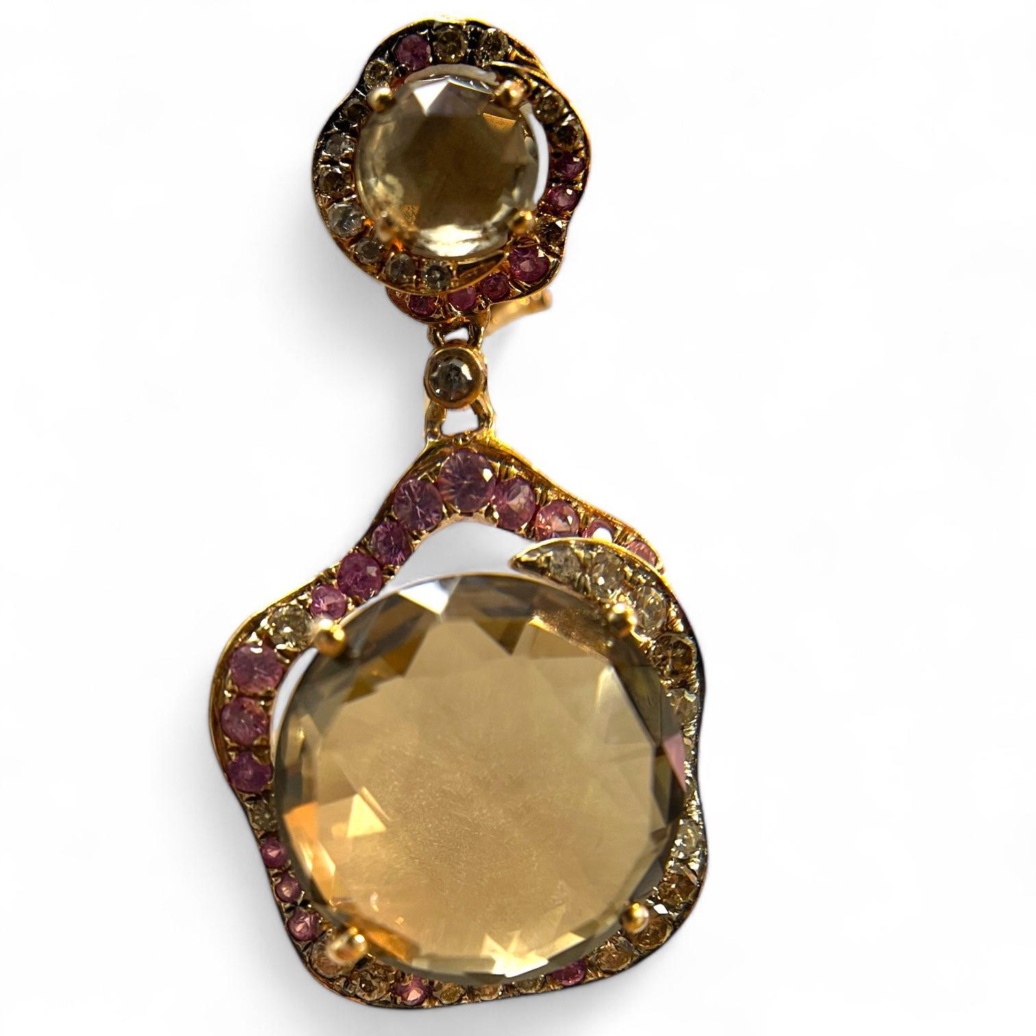 Round Cut 14K Yellow Gold Smoky Quartz and Diamond Dangle Earrings For Sale