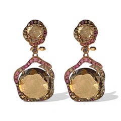 Pendants d'oreilles en or jaune 14 carats, quartz fumé et diamants