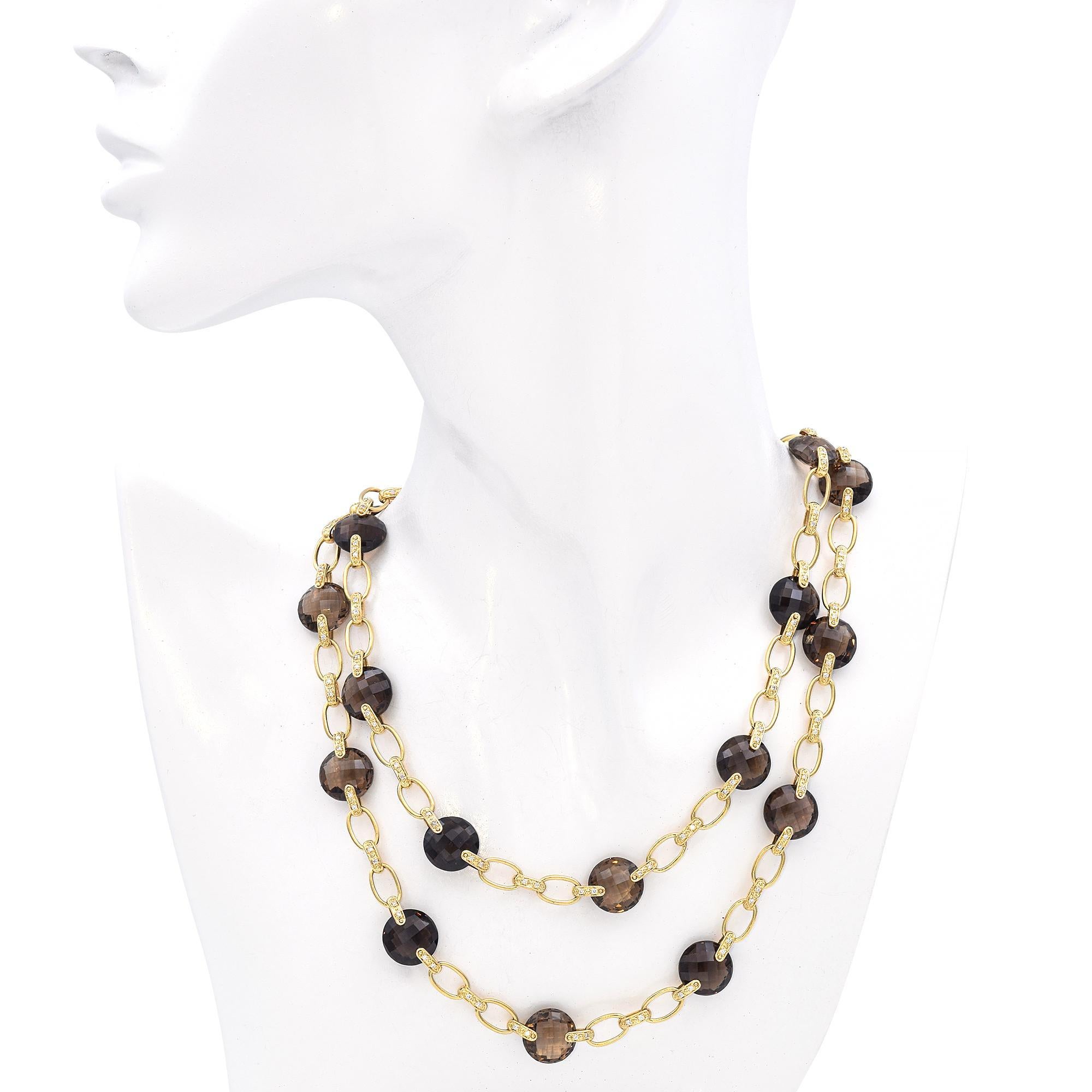Bead 14k Yellow Gold Smoky Quartz and Diamond Necklace For Sale