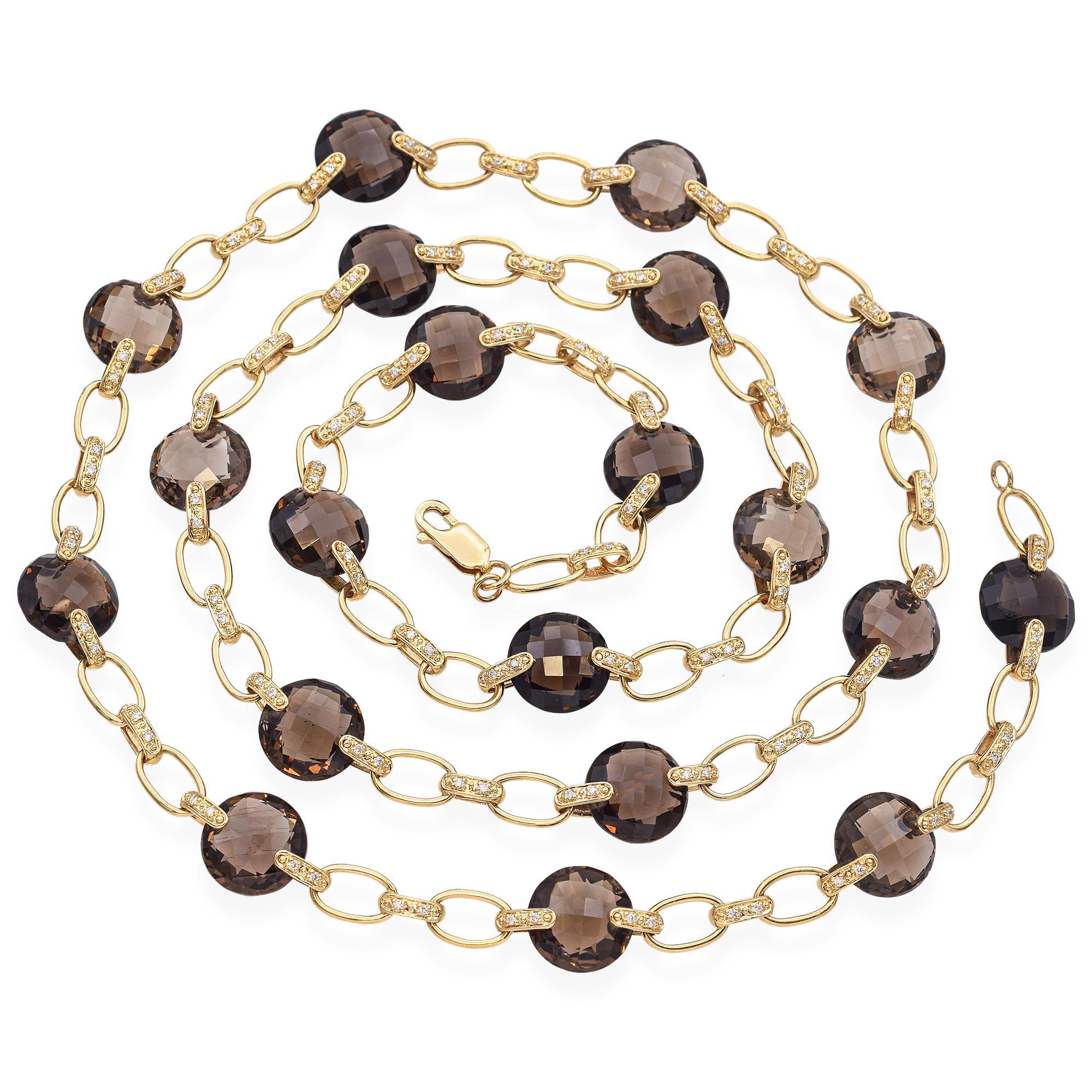 14k Yellow Gold Smoky Quartz and Diamond Necklace In Good Condition For Sale In New York, NY