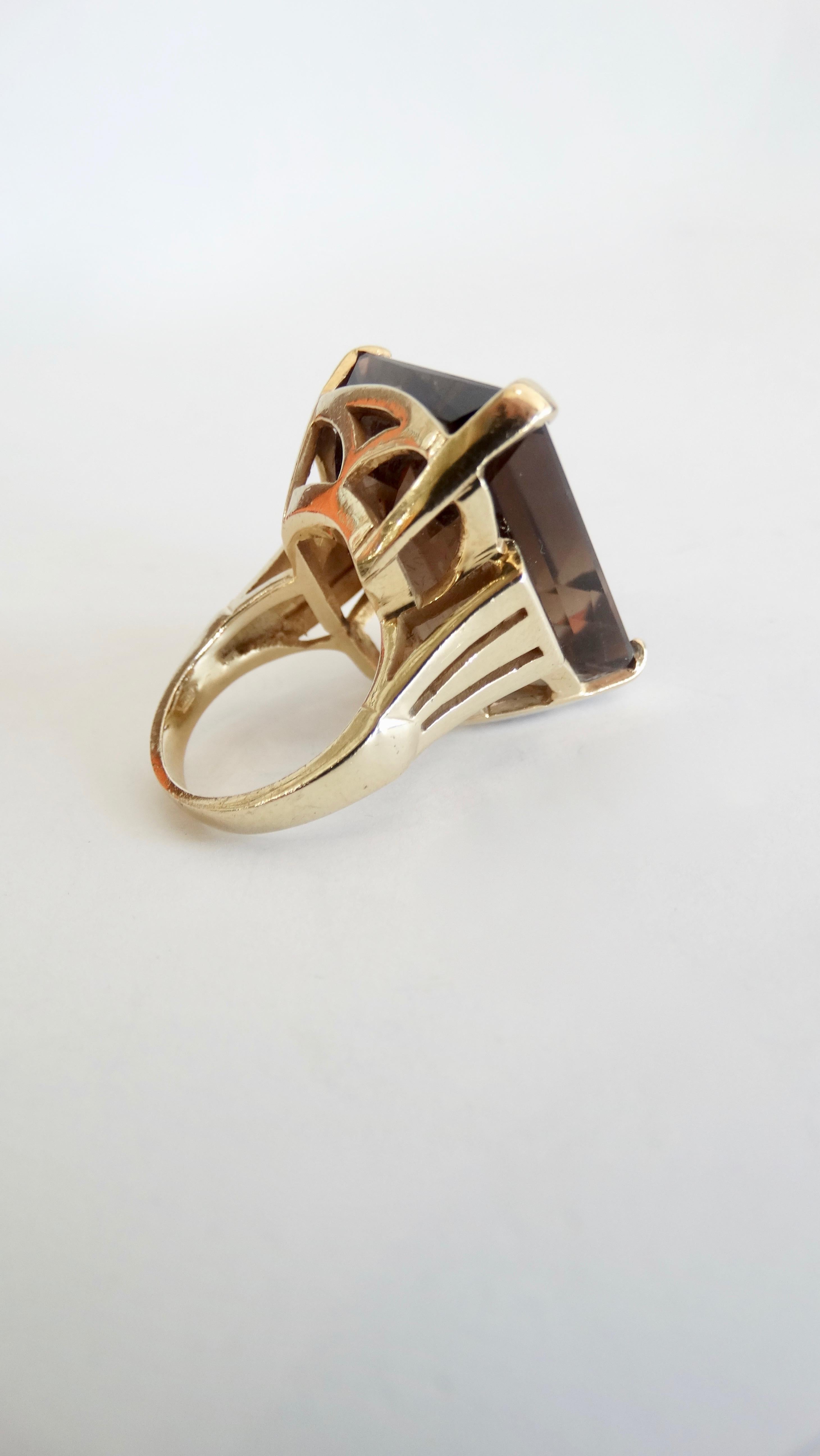 Emerald Cut 14K Yellow Gold Smoky Quartz Cocktail Ring, 1950s For Sale