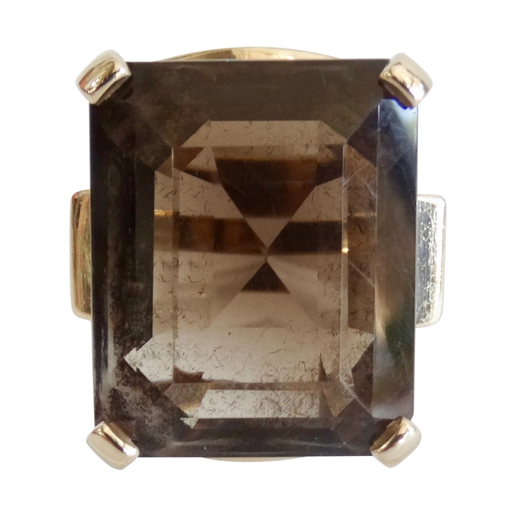 14K Yellow Gold Smoky Quartz Cocktail Ring, 1950s For Sale