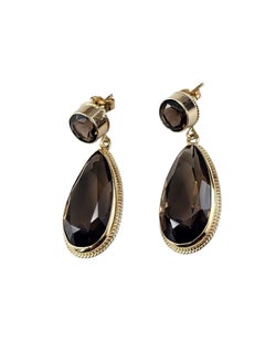 Boucles d'oreilles pendantes en or jaune 14 carats avec quartz fumé, certifiées n° 25601