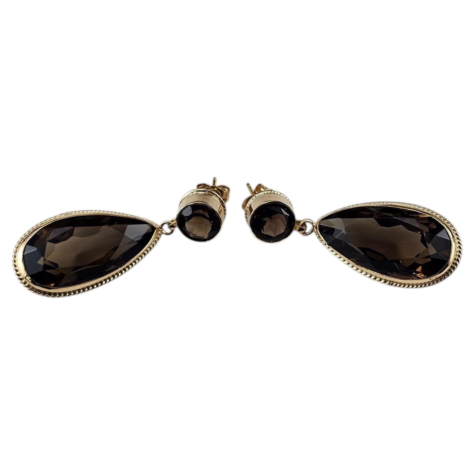 14K Yellow Gold Smoky Quartz Drop Dangle Earrings Certified #25601