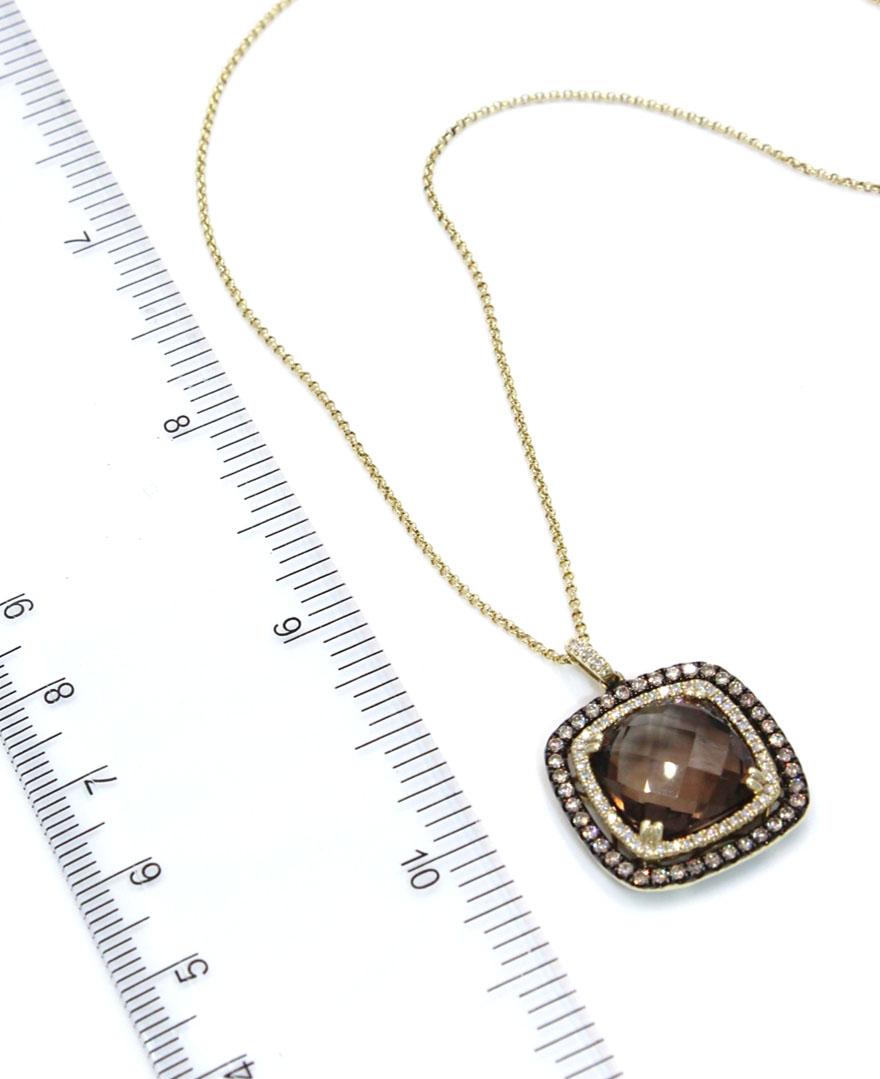 Contemporary 14K Yellow Gold Smoky Topaz Square Shaped Necklace and Double Halo Diamomds For Sale