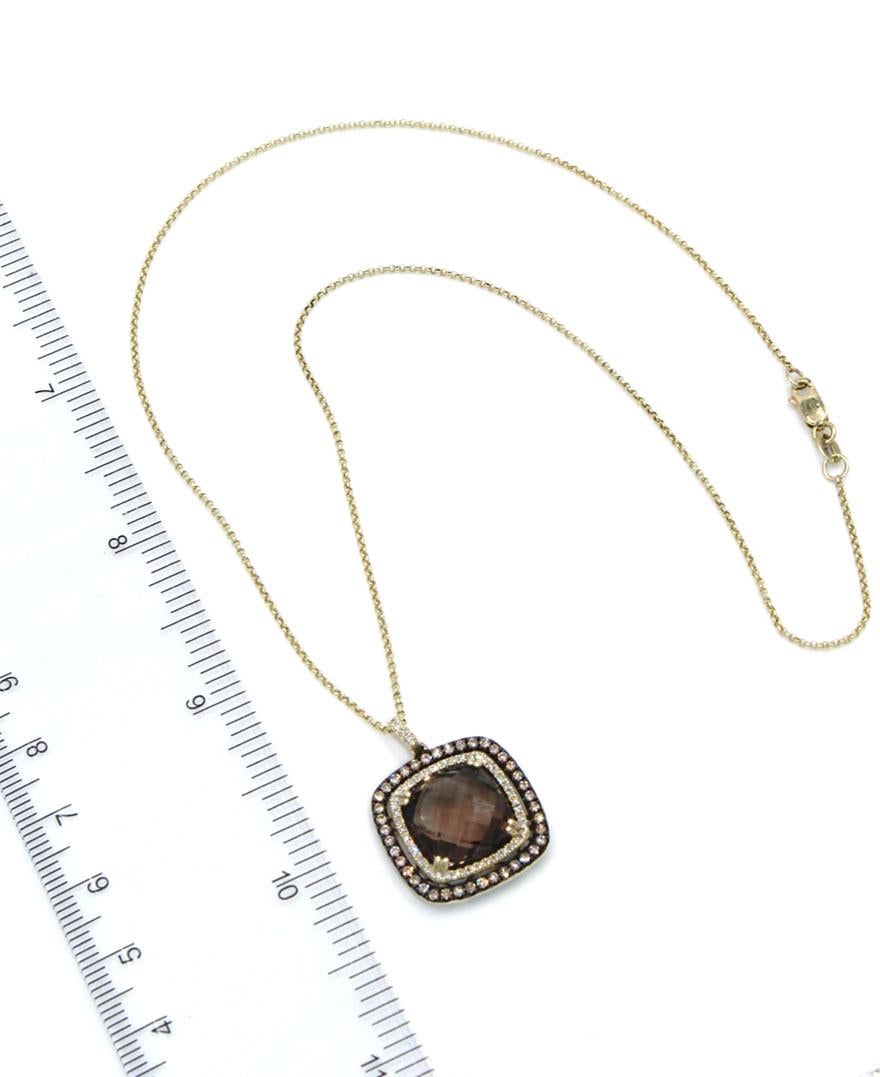Round Cut 14K Yellow Gold Smoky Topaz Square Shaped Necklace and Double Halo Diamomds For Sale
