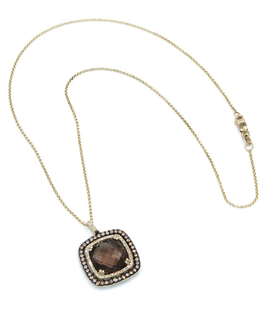 14K Yellow Gold Smoky Topaz Square Shaped Necklace and Double Halo Diamomds