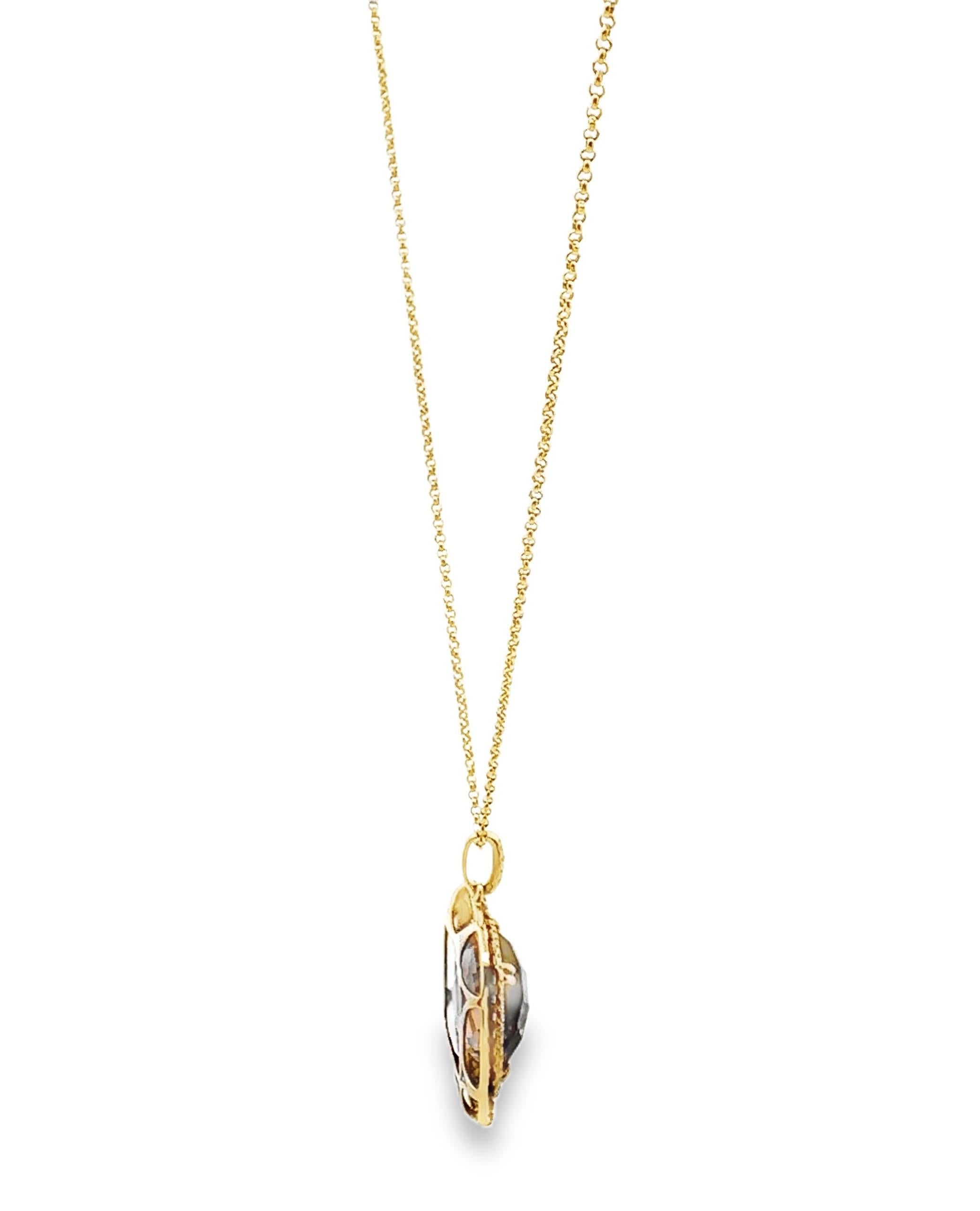 Women's 14K Yellow Gold Smoky Topaz Square Shaped Necklace and Double Halo Diamomds For Sale