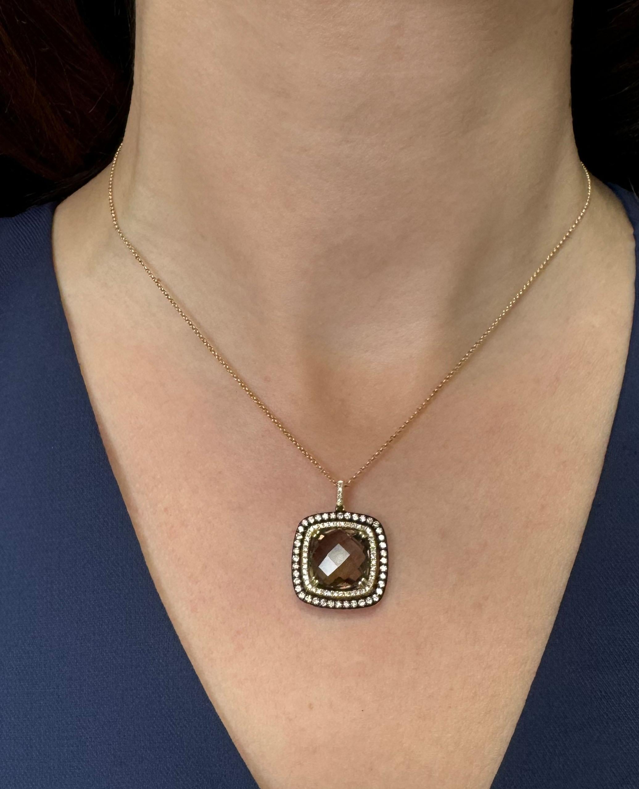 14K Yellow Gold Smoky Topaz Square Shaped Necklace and Double Halo Diamomds For Sale 1