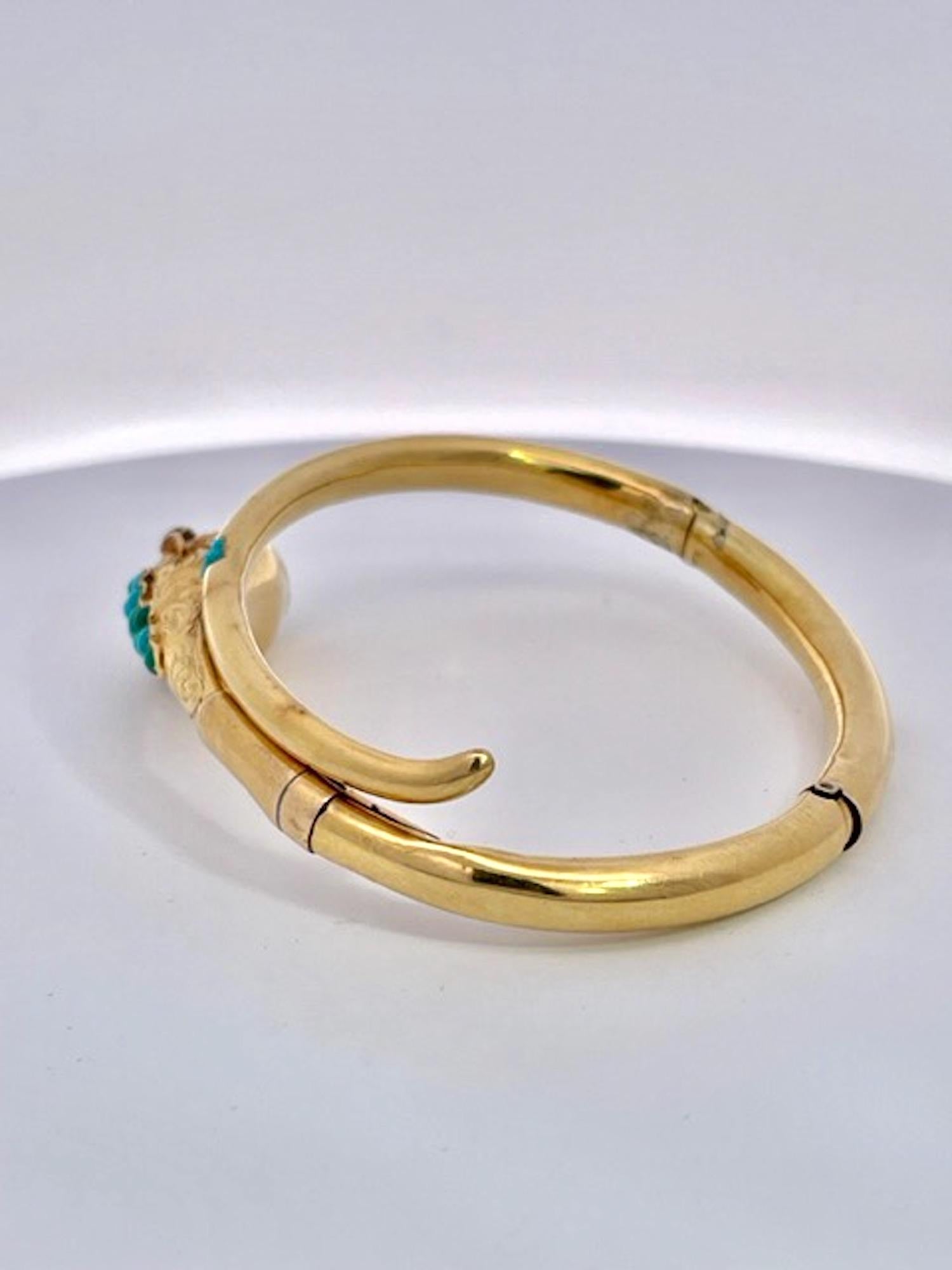 14K Yellow Gold Snake Bracelet Turquoise In Good Condition For Sale In North Hollywood, CA