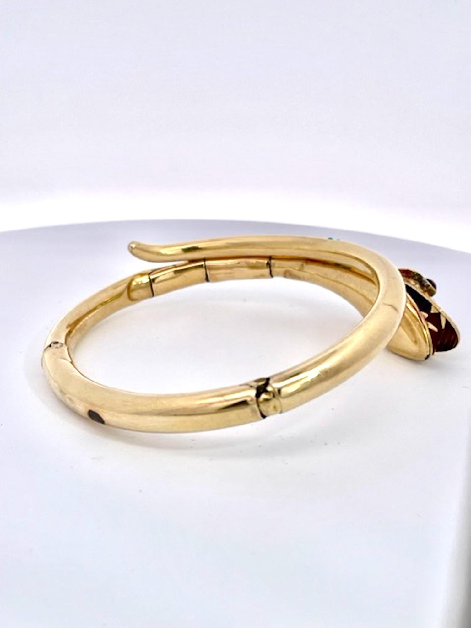 Women's or Men's 14K Yellow Gold Snake Bracelet Turquoise For Sale