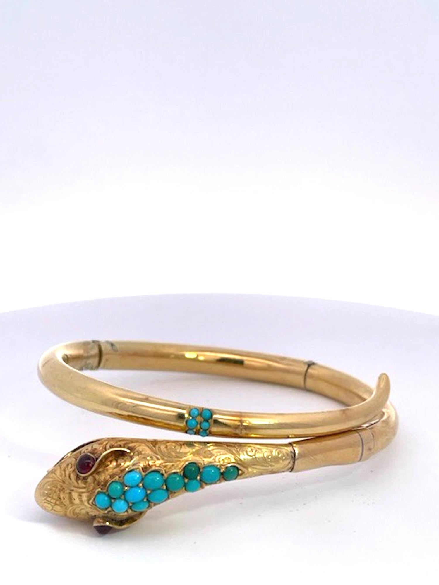 14K Yellow Gold Snake Bracelet Turquoise For Sale 2