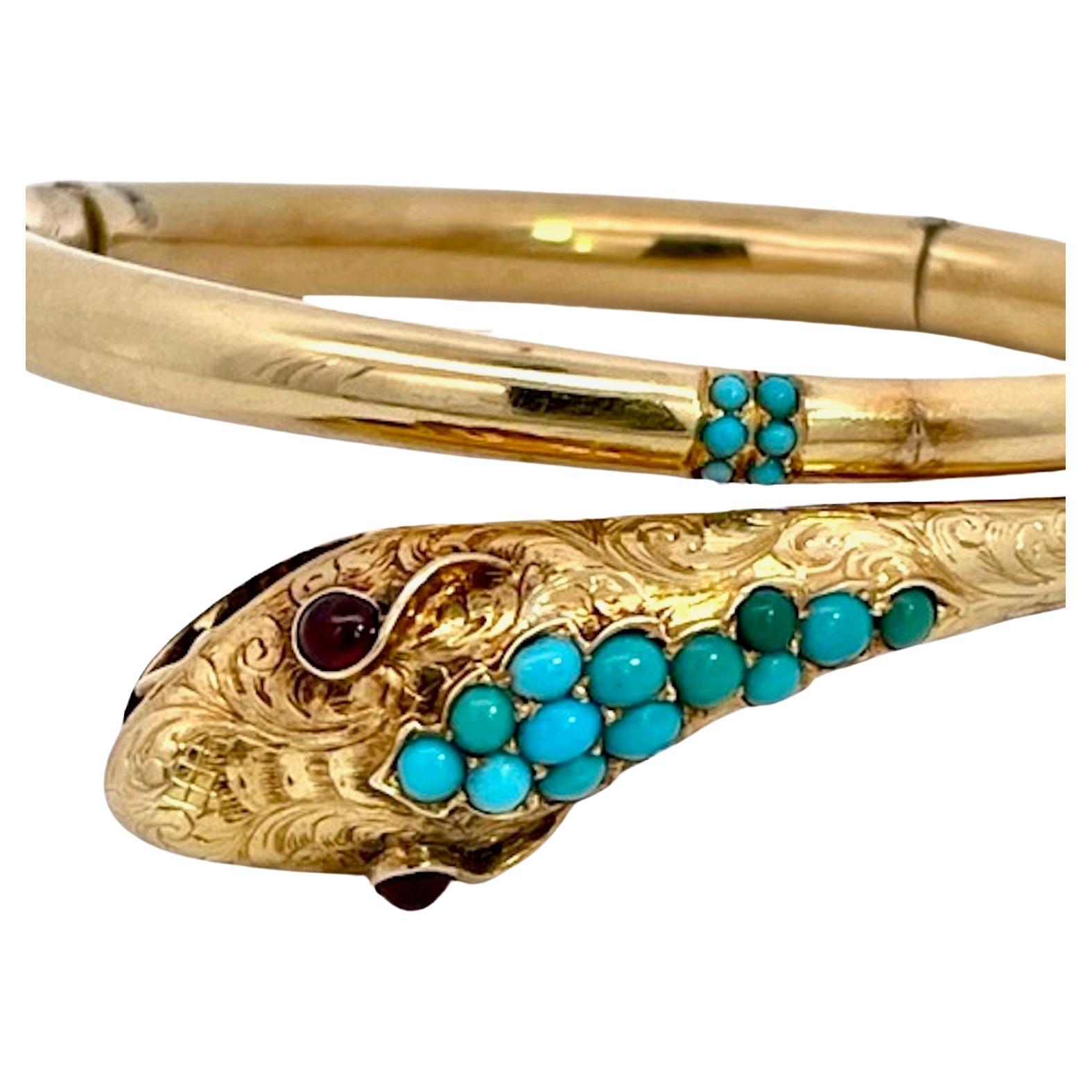 Bracelet serpent en or jaune 14 carats turquoise en vente
