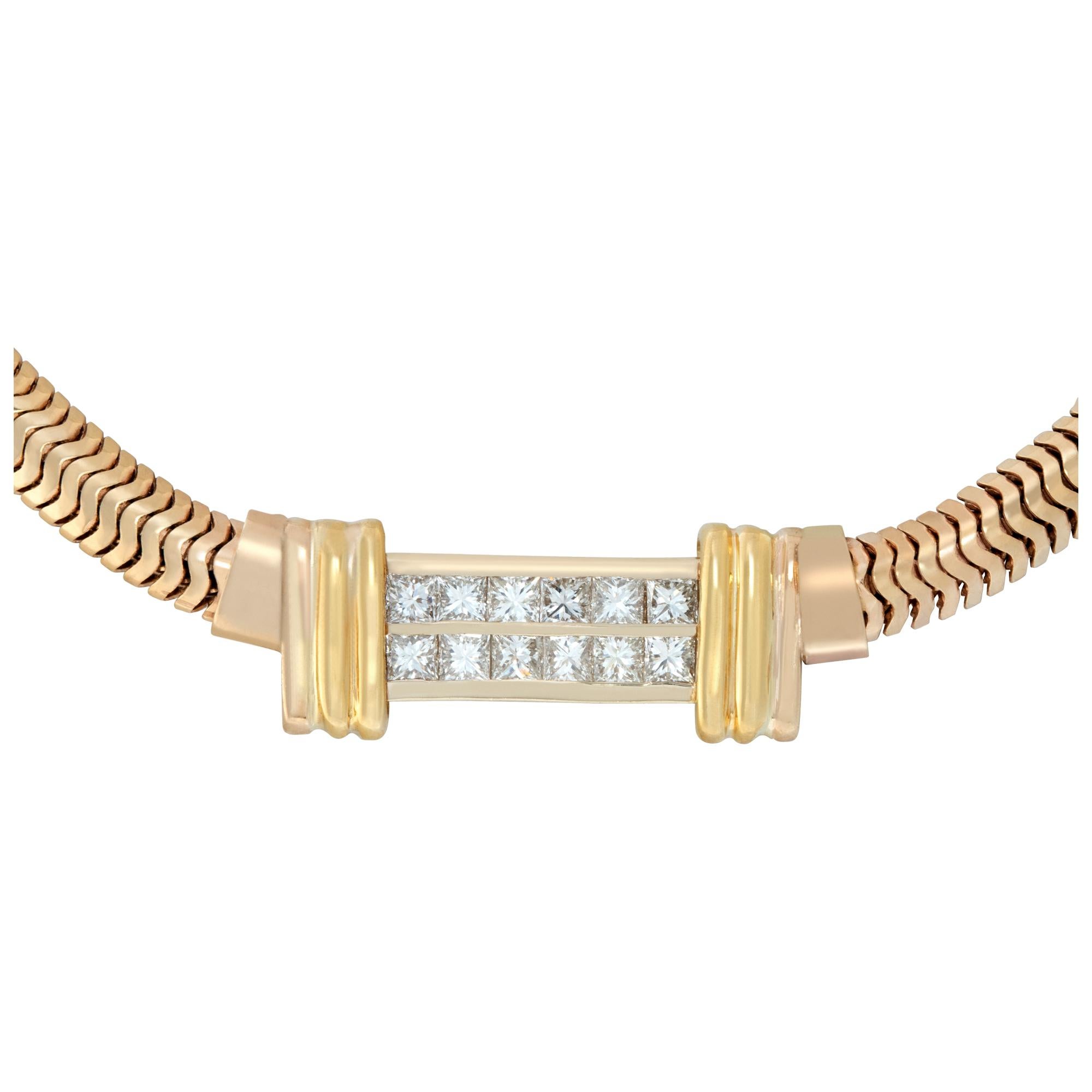 14k Yellow Gold Snake Necklace with Double Row 1.20 Carat Princess Cut Diamond In Excellent Condition For Sale In Surfside, FL