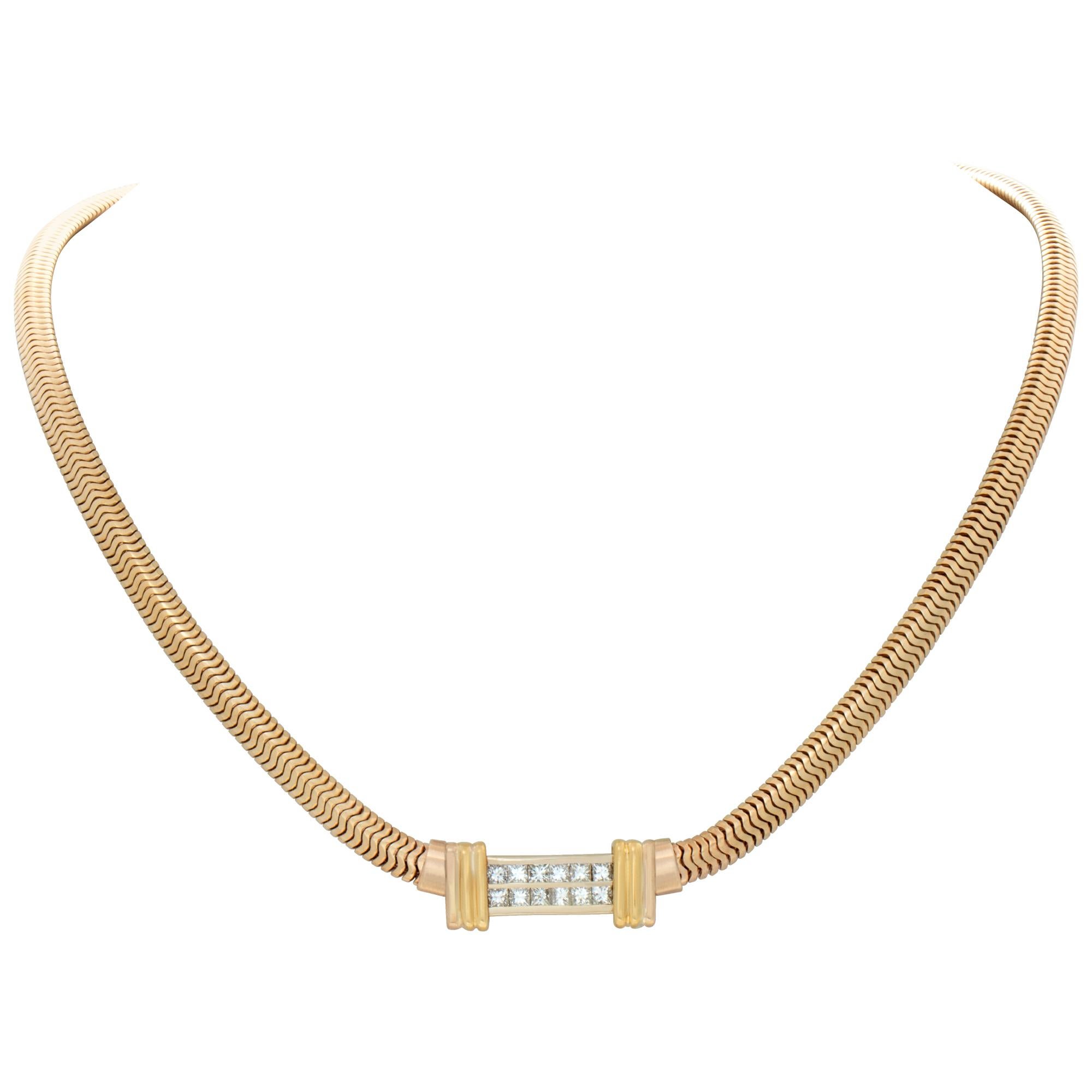 14k Yellow Gold Snake Necklace with Double Row 1.20 Carat Princess Cut Diamond For Sale
