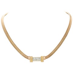 Vintage 14k Yellow Gold Snake Necklace with Double Row 1.20 Carat Princess Cut Diamond