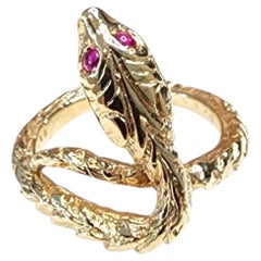 14K Yellow Gold Snake Red Eyes Ring Size 6.5 #25553