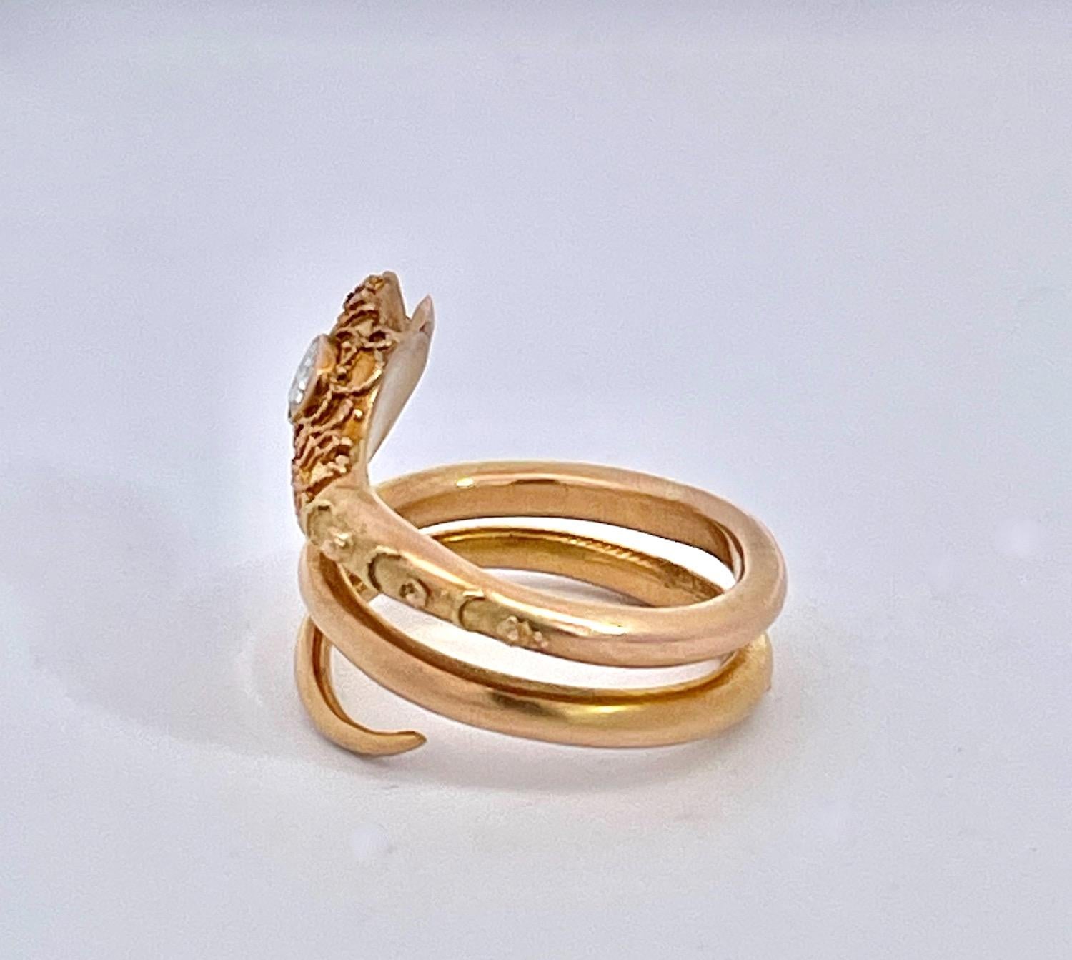 Modernist 14K Yellow Gold Snake Ring with Granulated Head plus Diamond For Sale