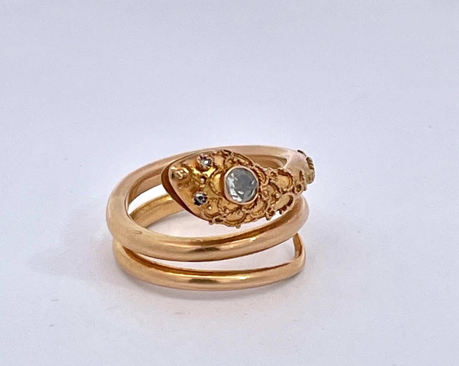 Women's 14K Yellow Gold Snake Ring with Granulated Head plus Diamond For Sale