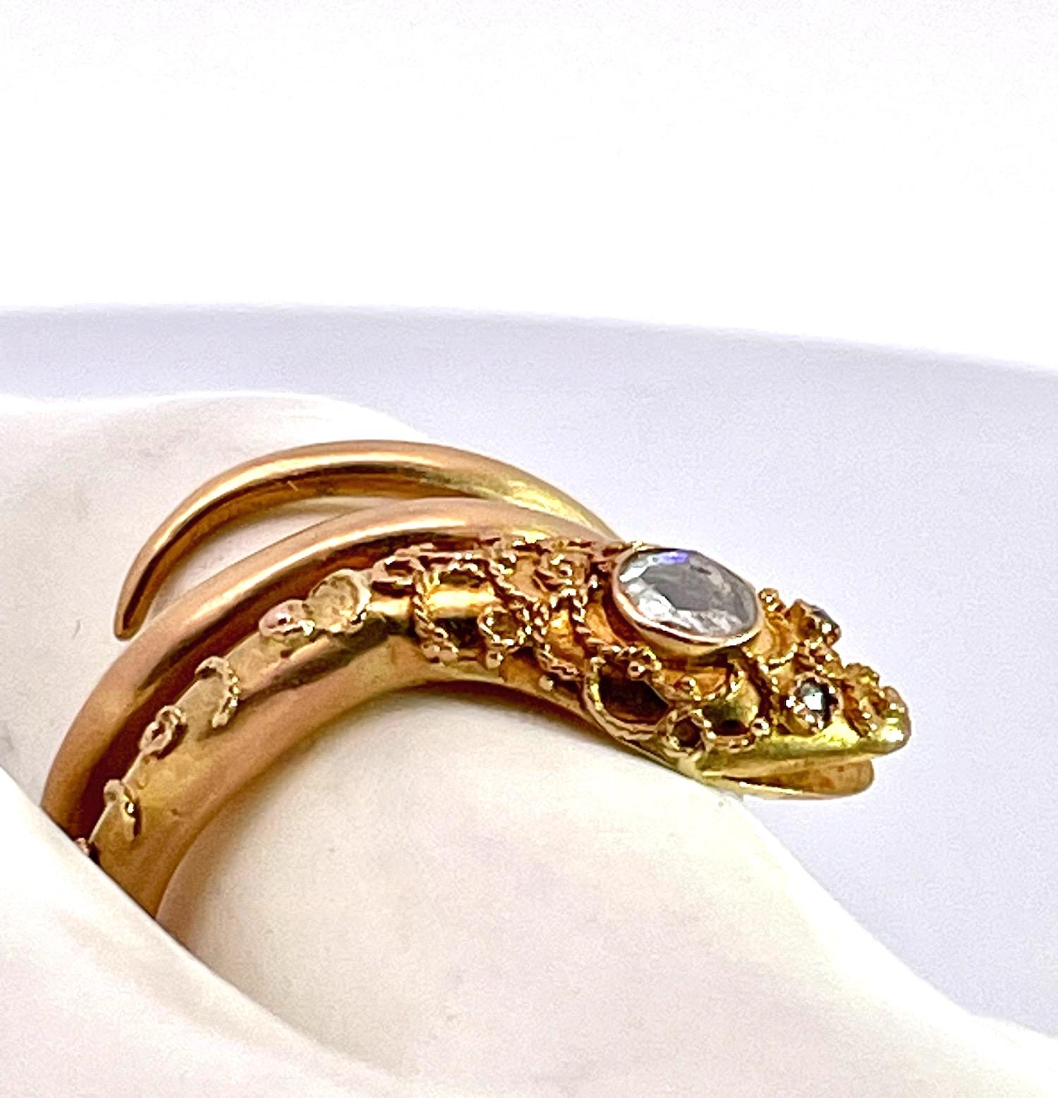 14K Yellow Gold Snake Ring with Granulated Head plus Diamond For Sale 1