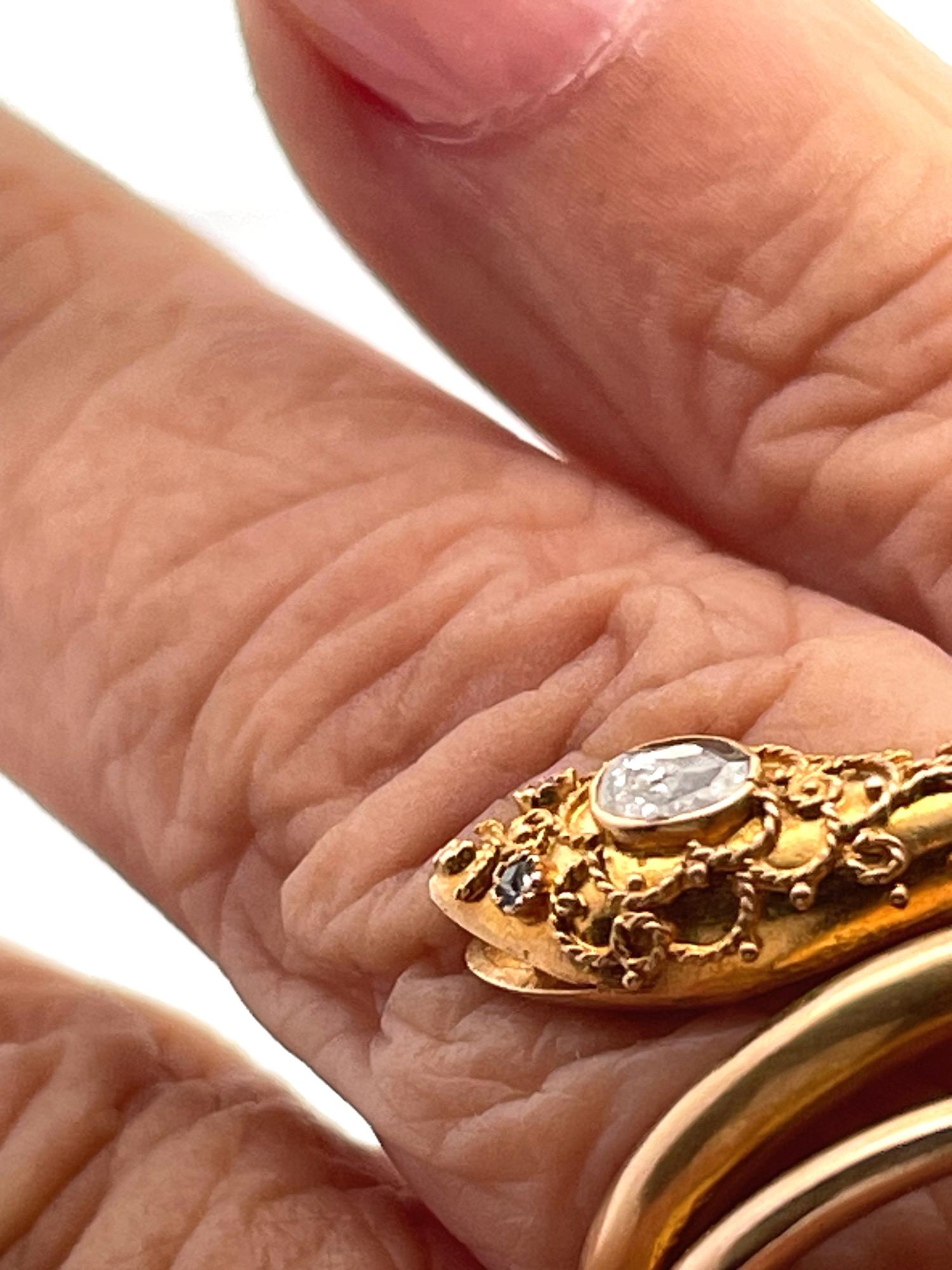 14K Yellow Gold Snake Ring with Granulated Head plus Diamond For Sale 2