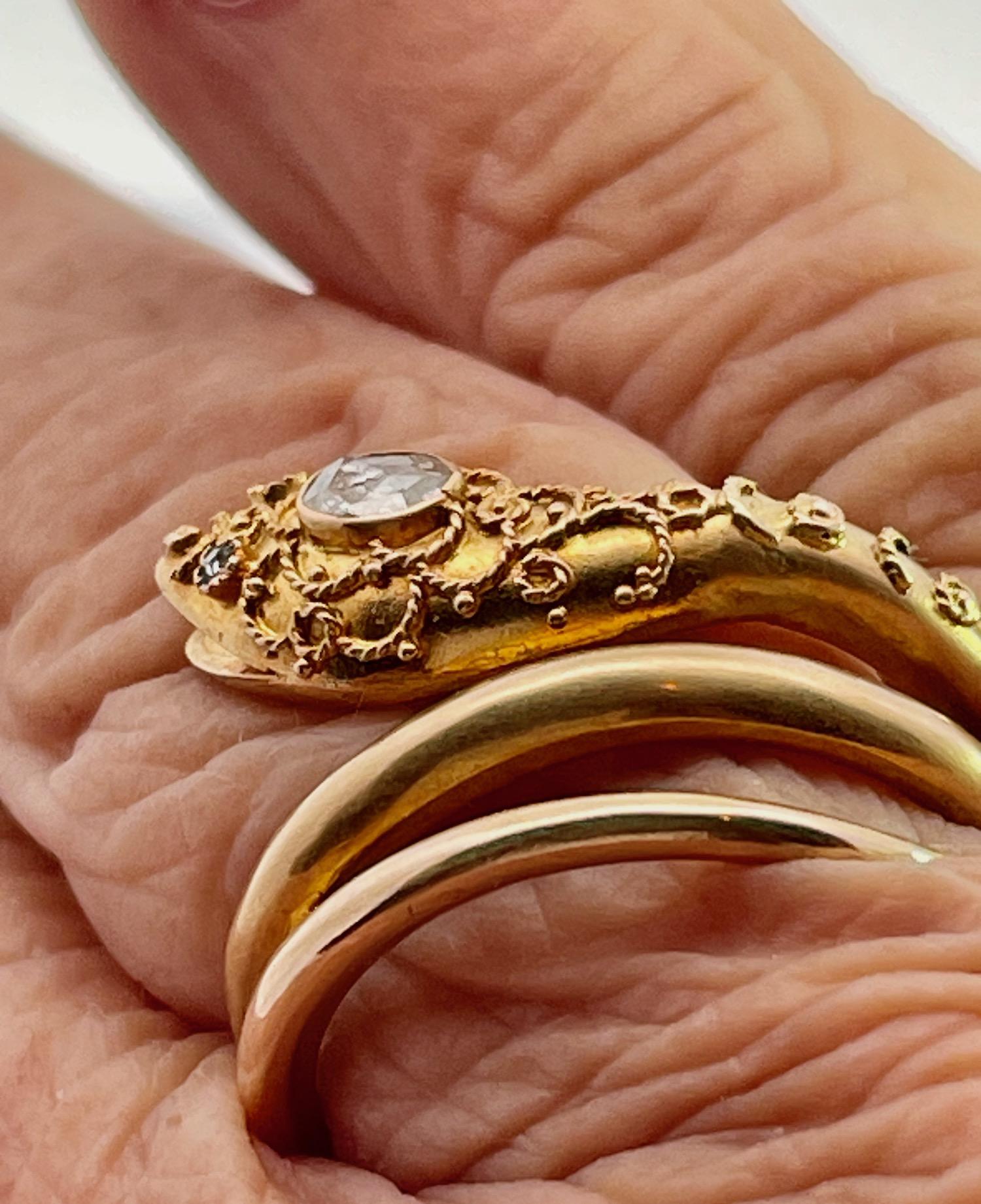 14K Yellow Gold Snake Ring with Granulated Head plus Diamond For Sale 3