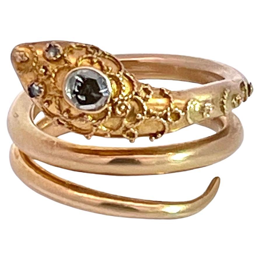 14K Yellow Gold Snake Ring with Granulated Head plus Diamond For Sale