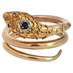 14K Yellow Gold Snake Ring with Granulated Head plus Diamond