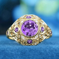 14K Yellow Gold Solid Amethyst and Diamond Vintage Style Filigree Dome Ring