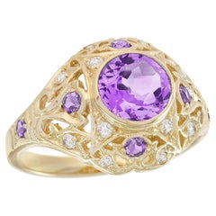 14K Yellow Gold Solid Amethyst and Diamond Vintage Style Filigree Dome Ring