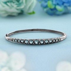 14K Yellow Gold Solid Blue Topaz Diamond Edwardian Style Bangle Bracelet
