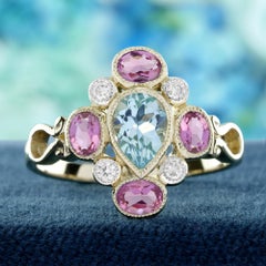14K Gelbgold Massiv Blau Topas Pink Turmalin Diamant Vintage Style Ring